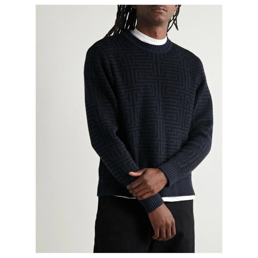 NWT Saturdays NYC Greg Geo Jacquard-Knit Cotton and Cashmere-Blend Sweater Blue